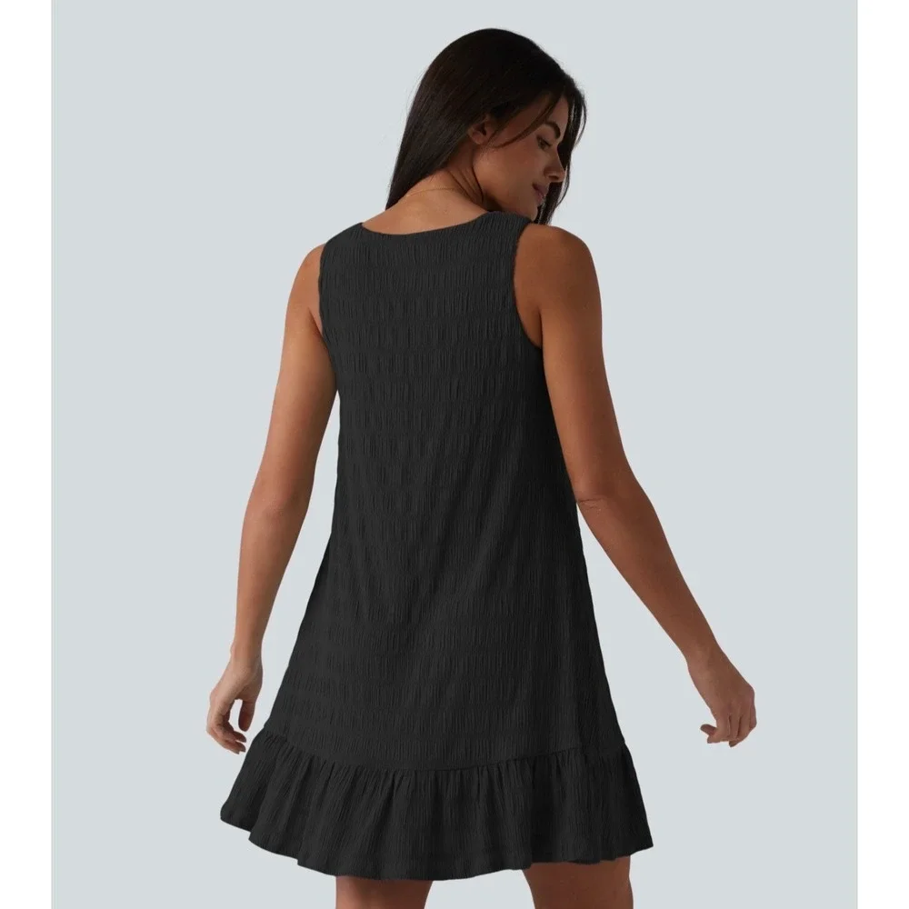 Halara Black Crinkle Textured Ruffle Hem Sleeveless Mini Shift Dress Large New - Picture 6 of 12